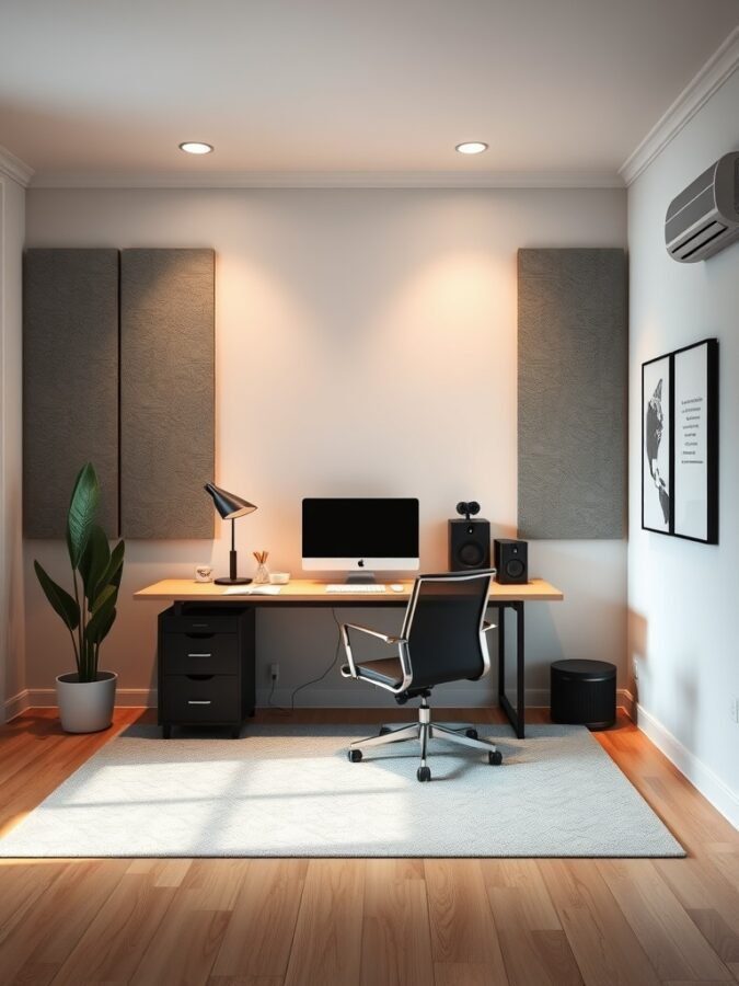 A modern home office featuring soundproofing panels, a desk with a computer, and a plant.