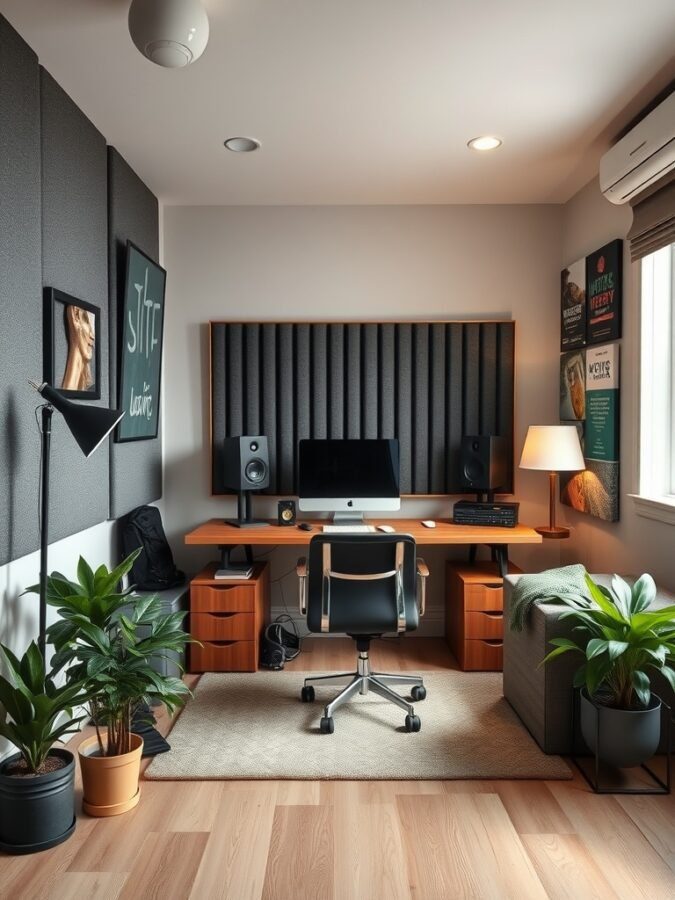 A modern home office with soundproofing features, including padded walls, a desk with a computer, and plants.