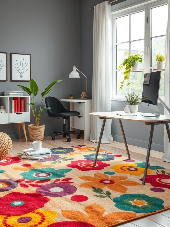 A colorful floral rug in a modern home office setting with a desk, chair, and plants.