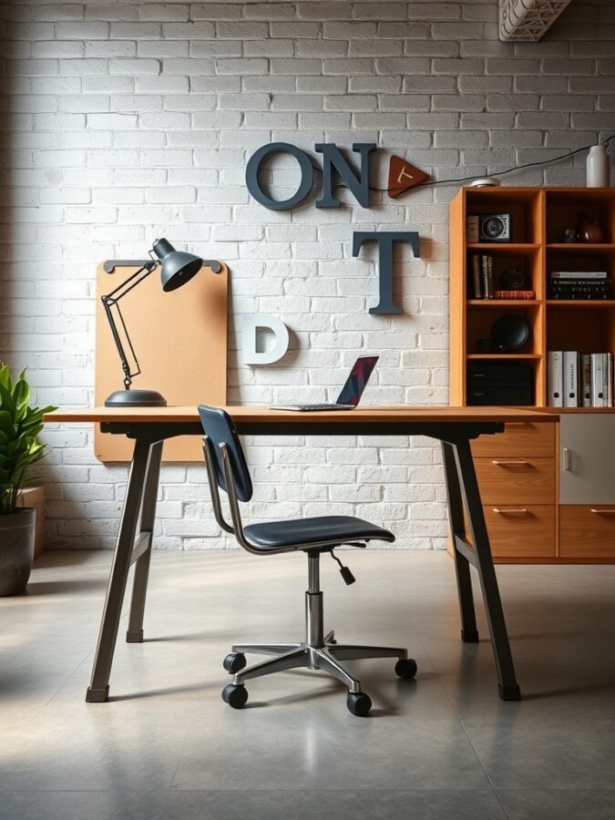 A modern home office featuring a steel frame desk and chair, with a plant and decorative wall elements.