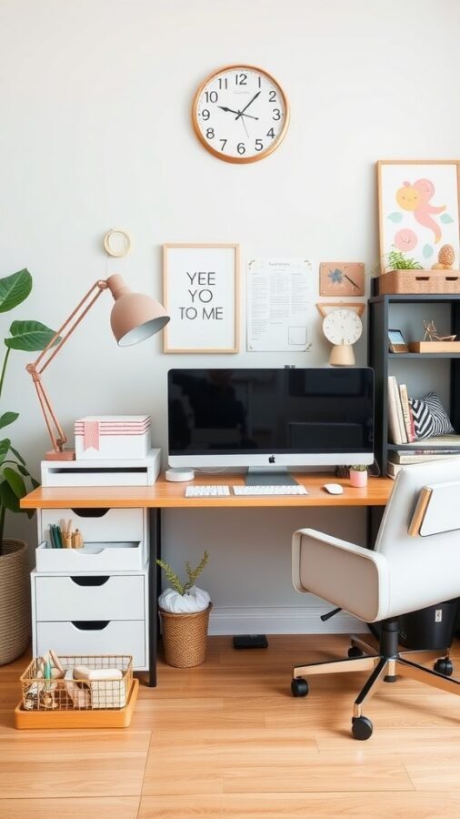 19 Inspiring Home Office Ideas You Need to Try 13 A stylish home office setup featuring a desk, computer, lamp, and decorative accessories.