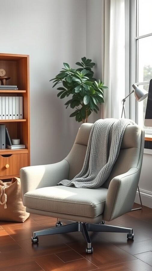 A stylish sleeper chair in a modern home office setting, featuring a cozy throw and a plant in the background.