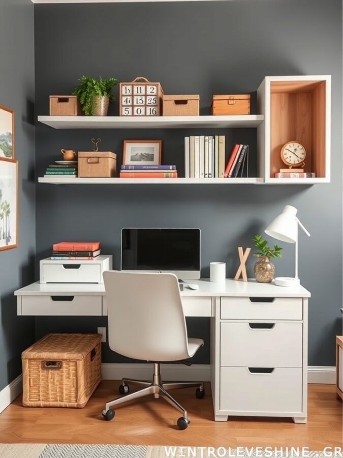 A stylish home office setup with a dark wall, white desk, and organized storage solutions.