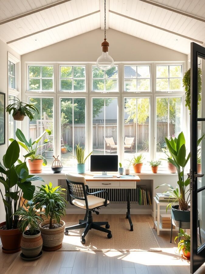 A bright sunroom office with large windows, plants, and a desk facing the garden.