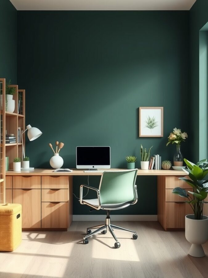 A stylish home office featuring green walls, wooden furniture, and plants.