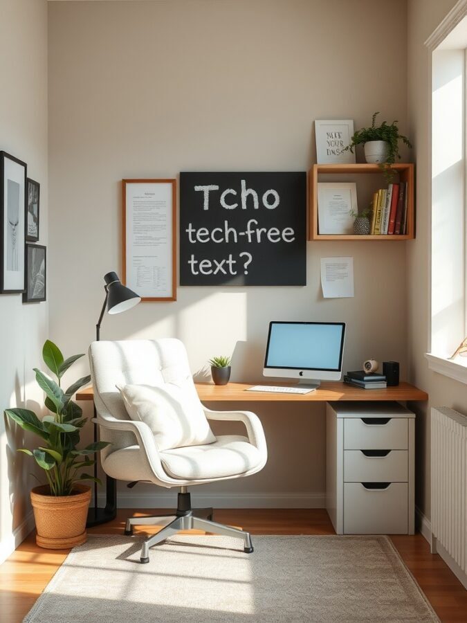 A cozy home office corner with a comfortable chair, desk, and a chalkboard asking 'Tech-free text?'
