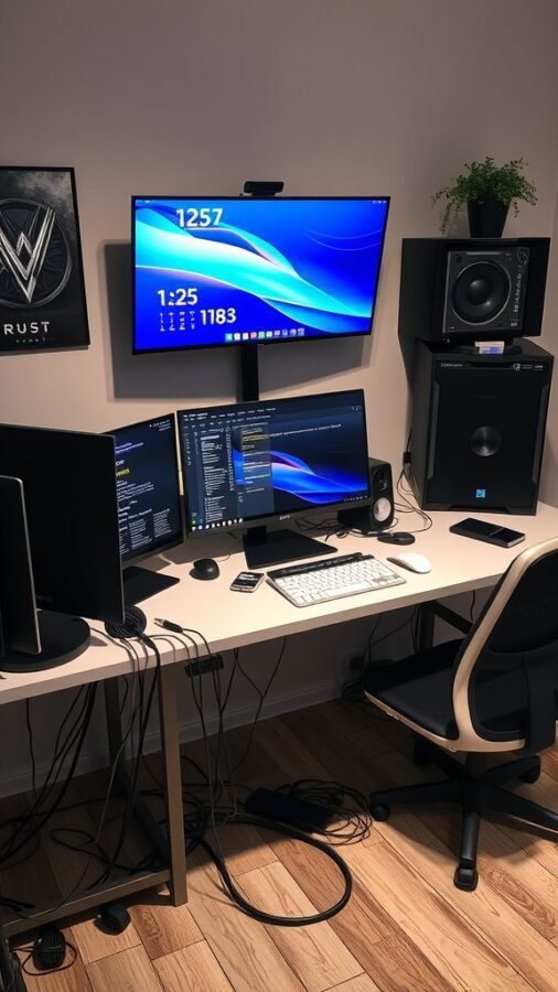 19 Inspiring Home Office Ideas You Need to Try 4 A modern home office setup featuring dual monitors, a keyboard, and audio equipment.