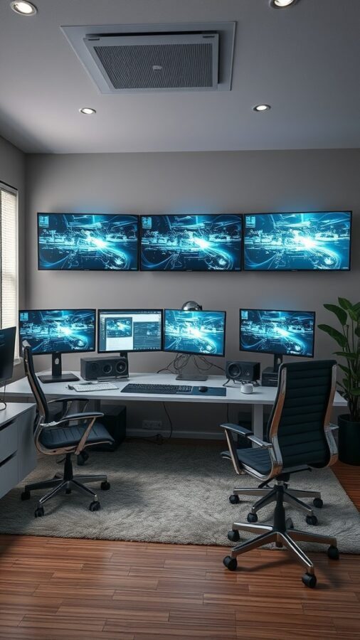 A modern home office with multiple monitors displaying futuristic graphics, sleek furniture, and a touch of greenery.
