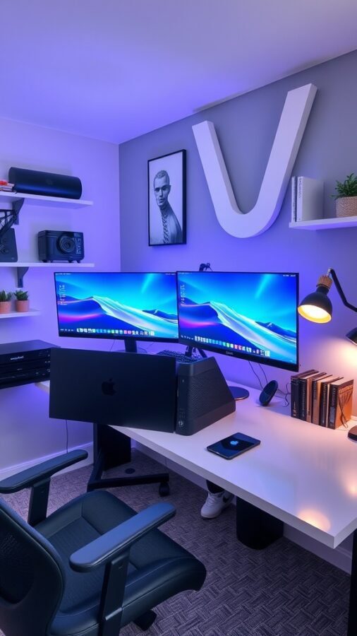 A modern tech-savvy home office with dual monitors, a sleek desk, ambient lighting, and organized shelves.