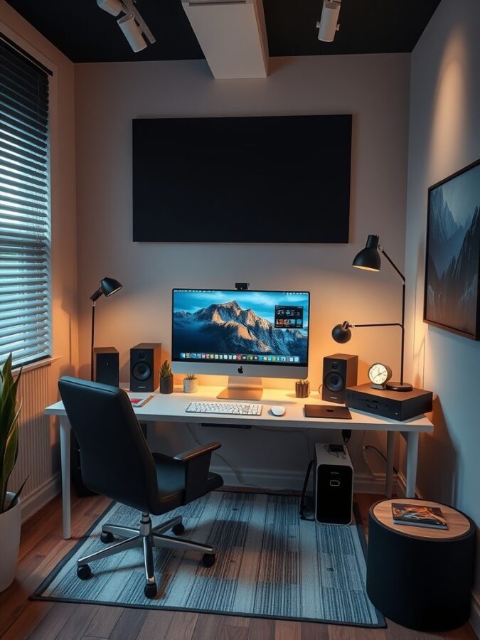 A modern home office setup featuring a large monitor, desk lamp, and stylish chair.