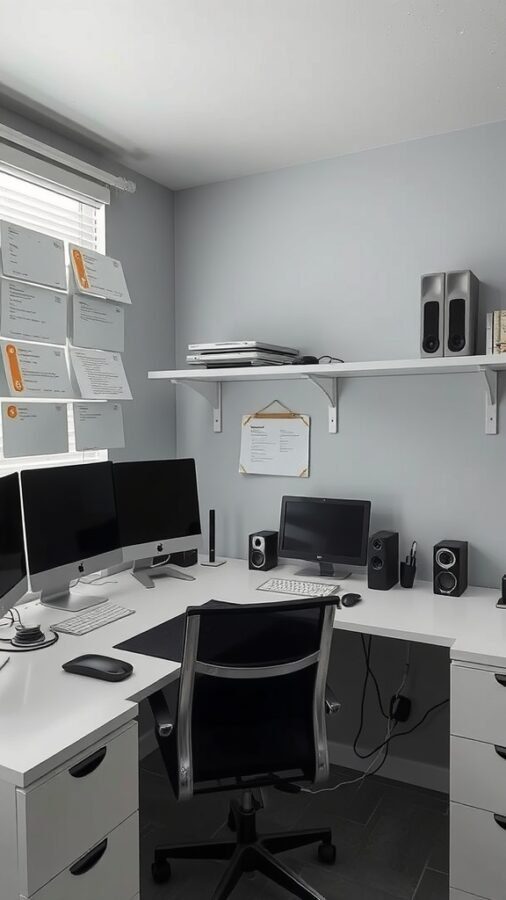 A minimalist home office with dual monitors, a clean desk, and organized documents.