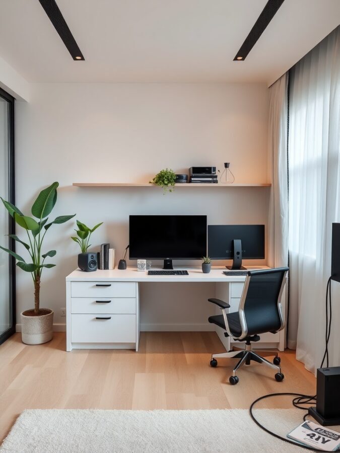 A modern home office setup featuring dual monitors, a sleek desk, a comfortable chair, and plants for a touch of nature.