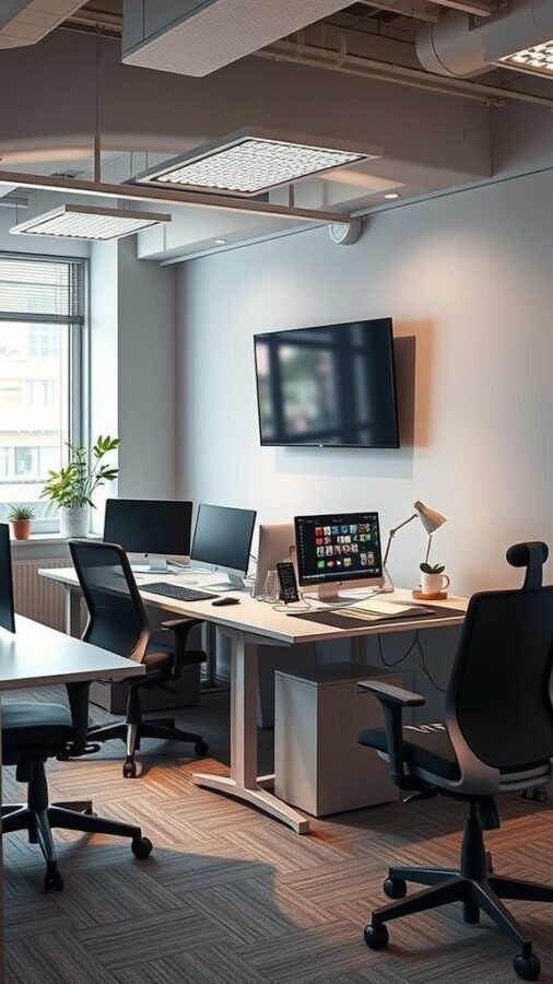 23 Creative Home Office Ideas for Shared Workspaces 15 Modern shared office workspace with multiple computer stations and a large wall-mounted screen.