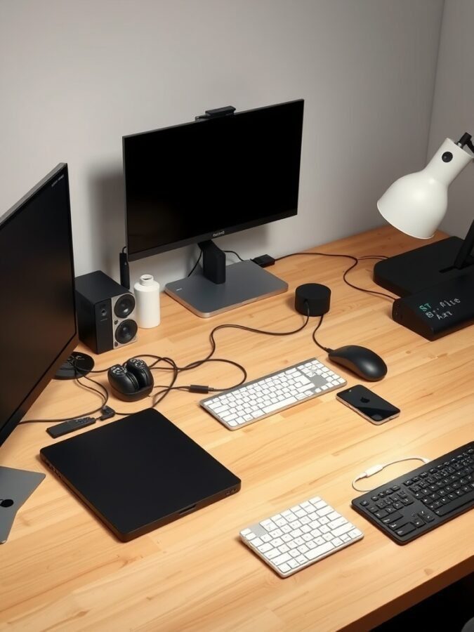 A modern home office setup featuring two monitors, a keyboard, a mouse, and a lamp on a wooden desk.