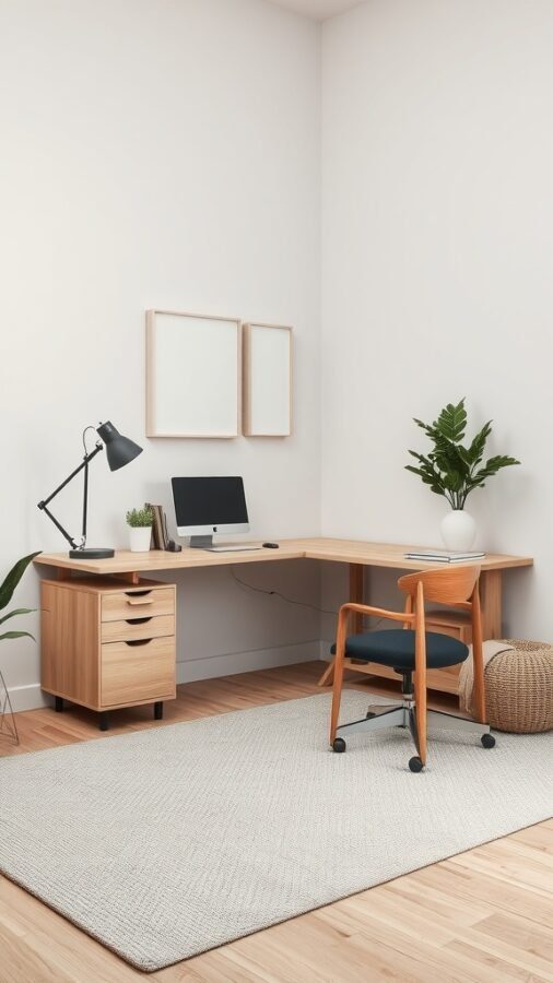 A minimalist home office featuring a wooden desk, chair, plant, and textured rug.