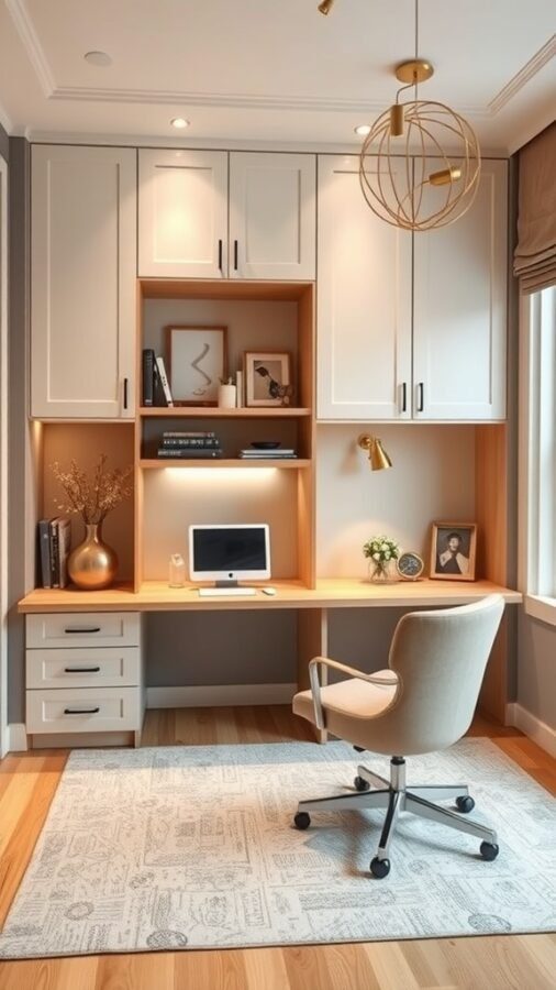 A modern home office with a desk, chair, and stylish decor, ideal for incorporating a Murphy bed.