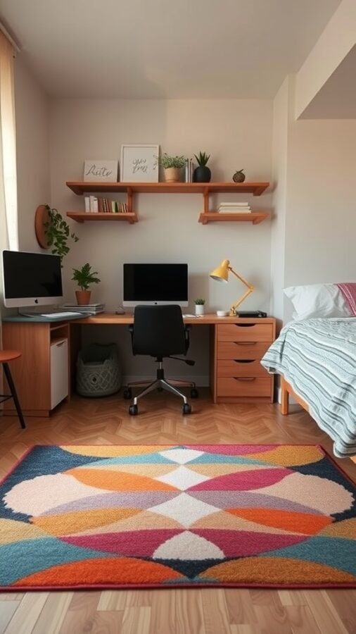 A home office with a colorful rug, desk, and bed, showcasing a cozy workspace and guest area.