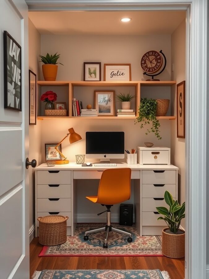 A transformed closet workspace featuring a desk, orange chair, shelves with plants and artwork, and organized storage.