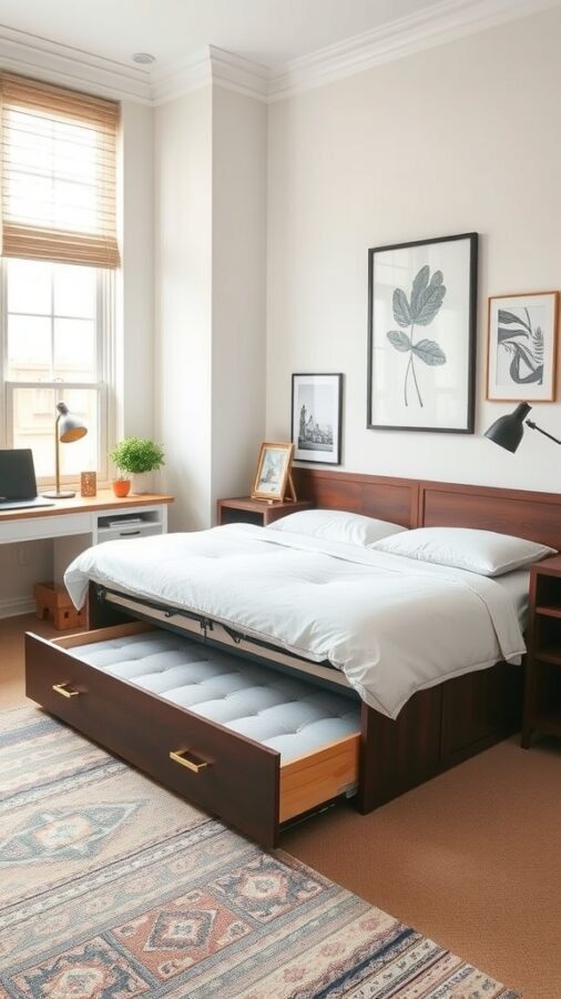 A stylish home office featuring a trundle bed with a main bed above, showcasing a cozy and organized space.