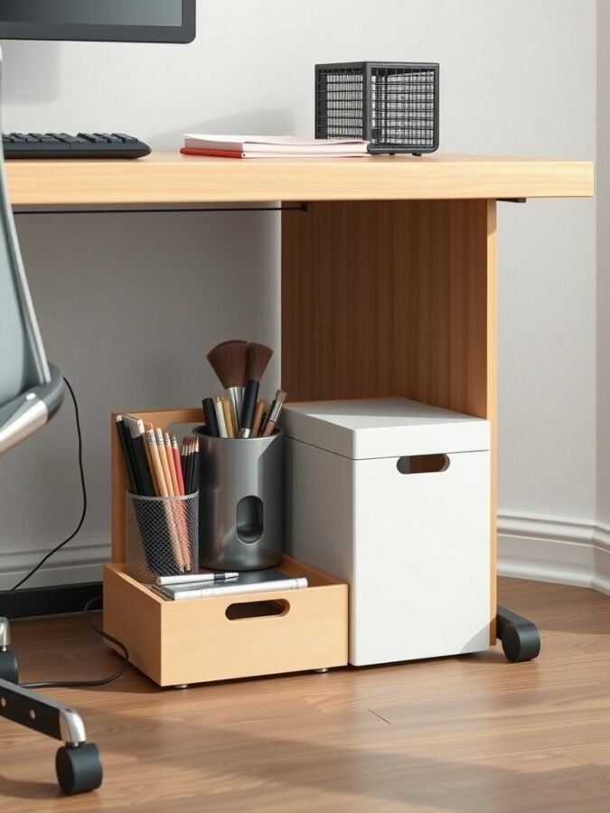 25 Smart Storage Solutions for a Stylish Home Office 1 A tidy under-desk storage setup featuring wooden drawers and a white box for organization.