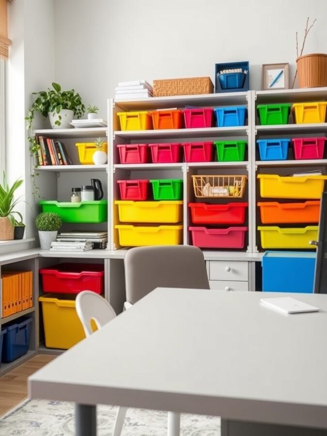 Colorful storage bins in a home office setting