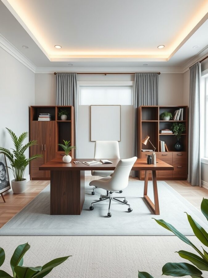 A modern home office featuring a unique wooden desk, white chair, and plants, creating a stylish and inviting workspace.