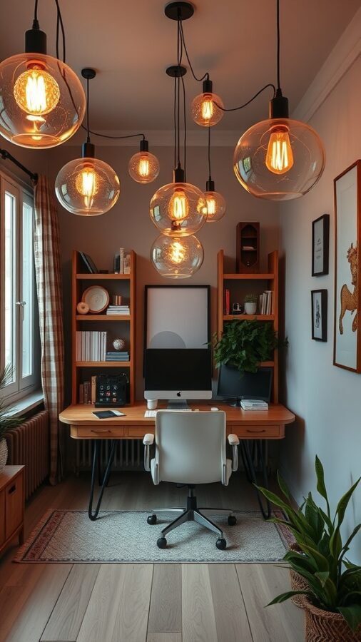 21 Creative Home Office Ideas to Boost Your Productivity 10 A modern home office featuring unique hanging light fixtures with warm bulbs, a wooden desk, and a comfortable chair.
