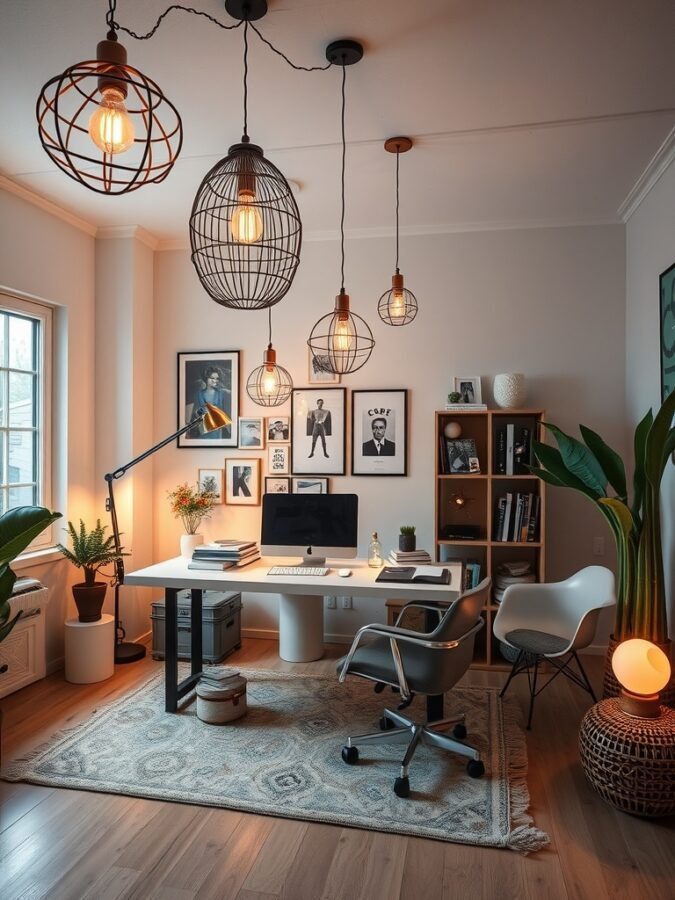 A stylish home office with unique lighting fixtures hanging from the ceiling, featuring a modern desk and cozy decor.