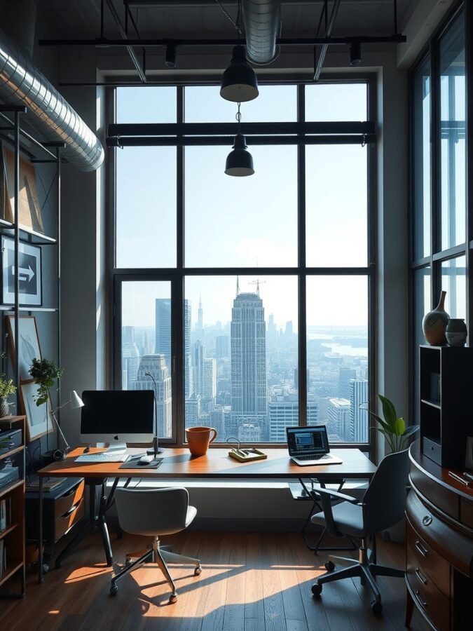 A modern urban loft office with large windows showcasing a city view, featuring stylish desks and industrial design elements.
