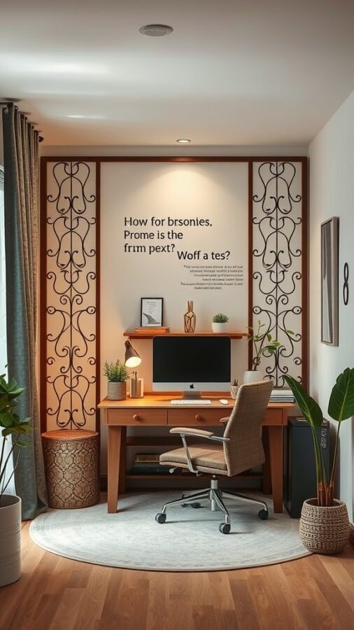 A stylish home office setup with a room divider, desk, and decorative plants.