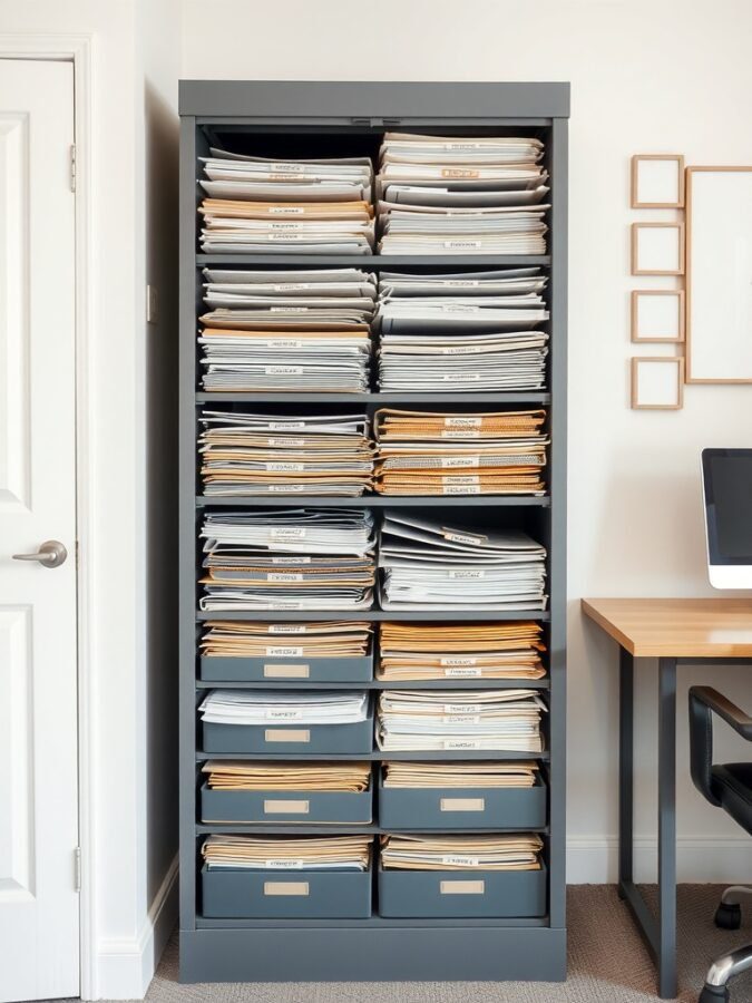 25 Smart Storage Solutions for a Stylish Home Office 15 A tall vertical file cabinet filled with neatly organized and labeled folders, next to a desk in a home office.