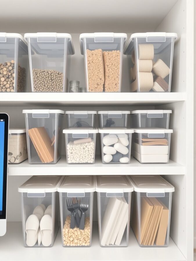 25 Smart Storage Solutions for a Stylish Home Office 22 A shelf with clear storage containers filled with various office supplies and materials.