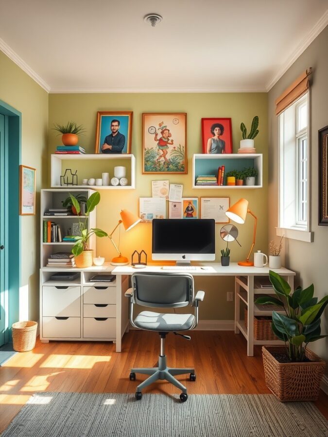 A bright and inviting home office with green walls, orange lamps, and plants.