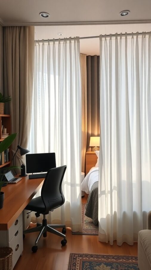 A home office with a desk and computer, separated from a guest bed by sheer curtains.