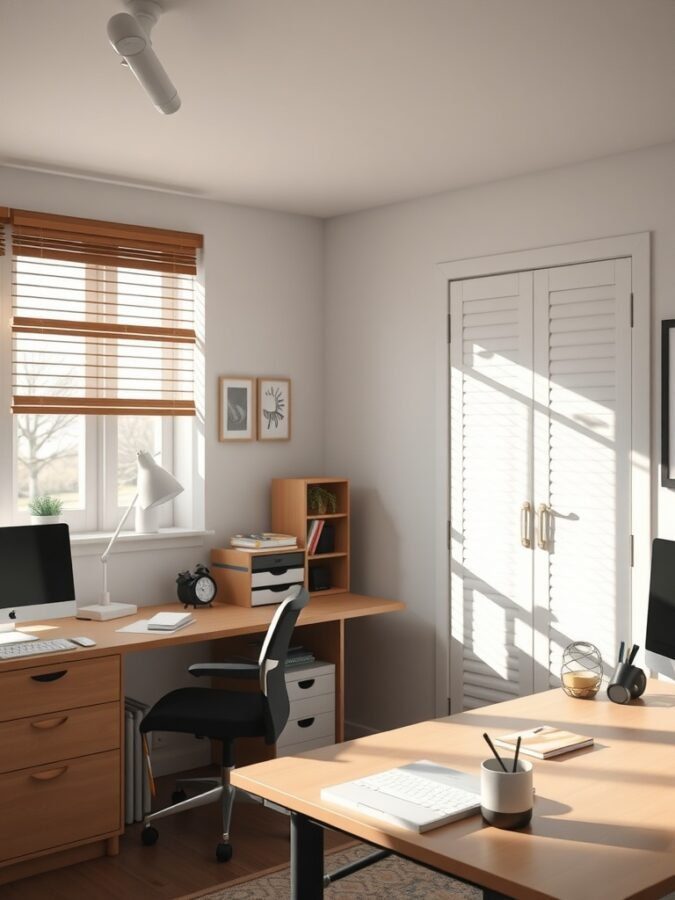 A bright and organized home office with natural light, showcasing two desks, a desk lamp, and decorative elements.
