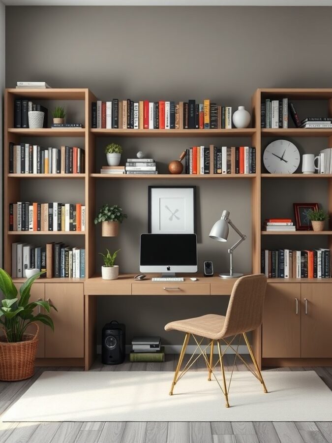 A stylish home office featuring open shelving with books, plants, and a computer desk.