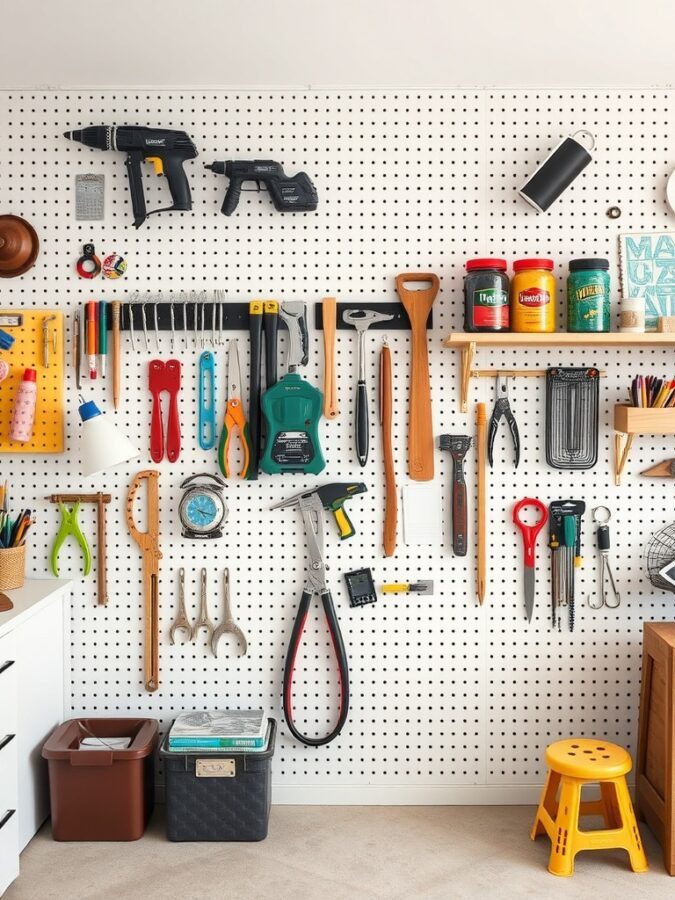 A well-organized pegboard displaying various tools and office supplies.