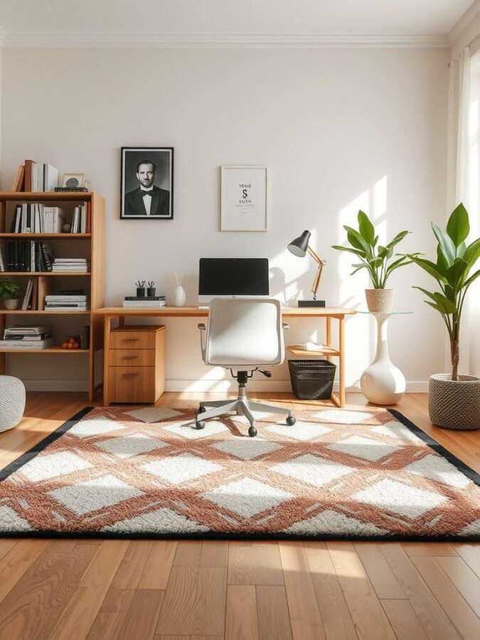 A cozy home office featuring a stylish geometric rug, wooden desk, and plants.