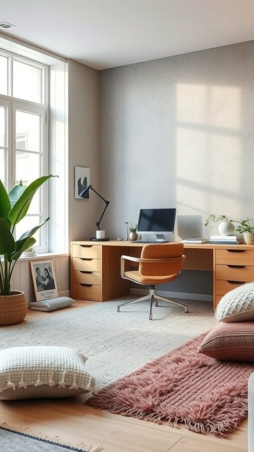 21 Creative Home Office Ideas to Boost Your Productivity 12 A cozy home office with a wooden desk, an orange chair, a plush rug, and decorative cushions.