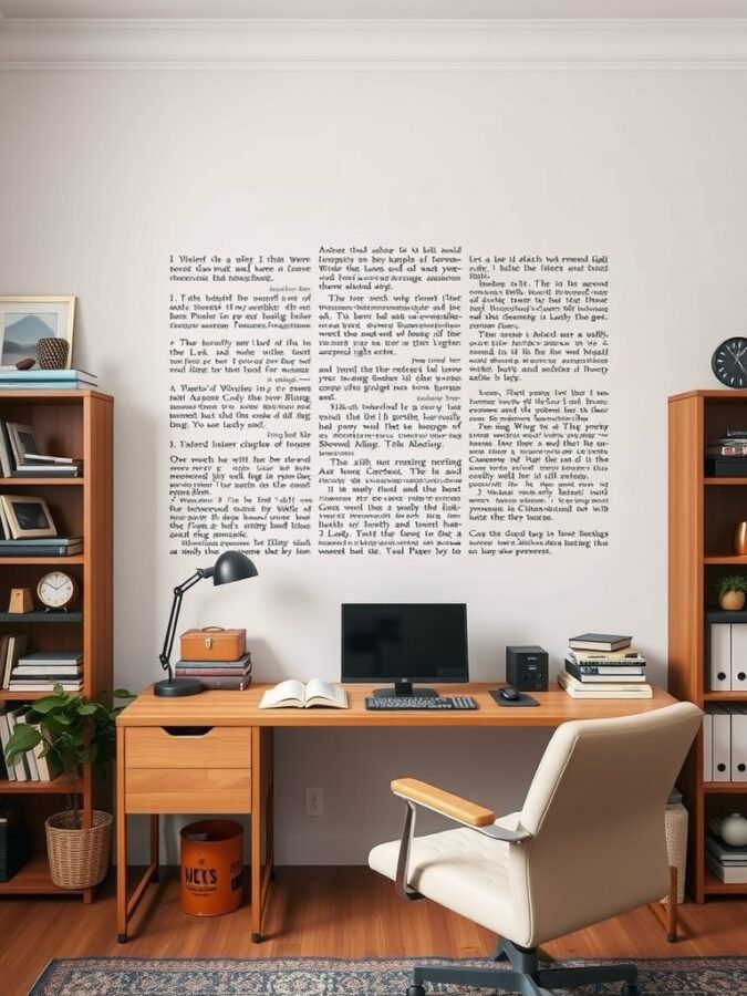 25 Smart Storage Solutions for a Stylish Home Office 25 A home office with wall art that serves as storage, featuring a desk, chair, and shelves.