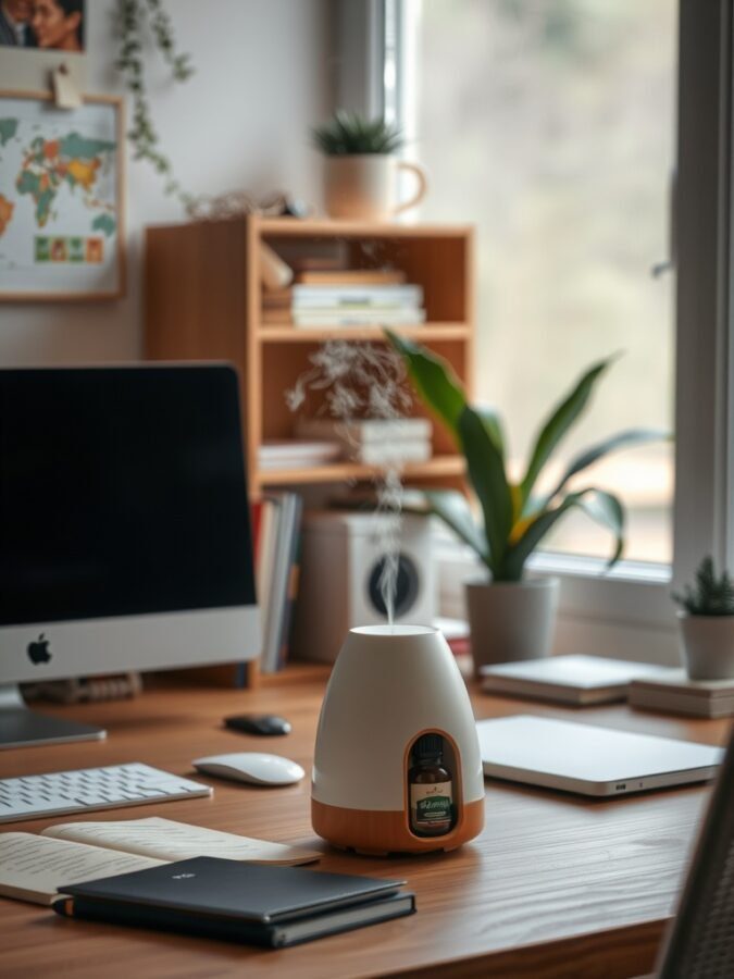 A home office desk featuring a diffuser emitting steam, with a laptop, notebooks, and a plant in the background.