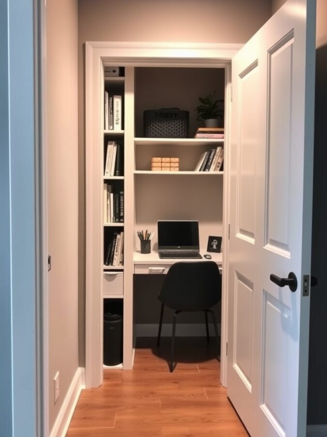 25 Smart Storage Solutions for a Stylish Home Office 12 A small home office setup inside a closet with shelves, a desk, and a chair.