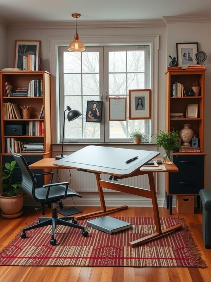A cozy home office featuring a multi-functional desk, comfortable chair, and organized bookshelf.