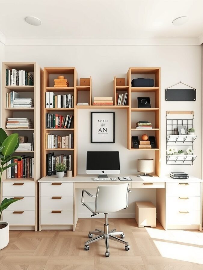 A modern home office with vertical shelves filled with books and decorative items, a desk with a computer, and a plant.