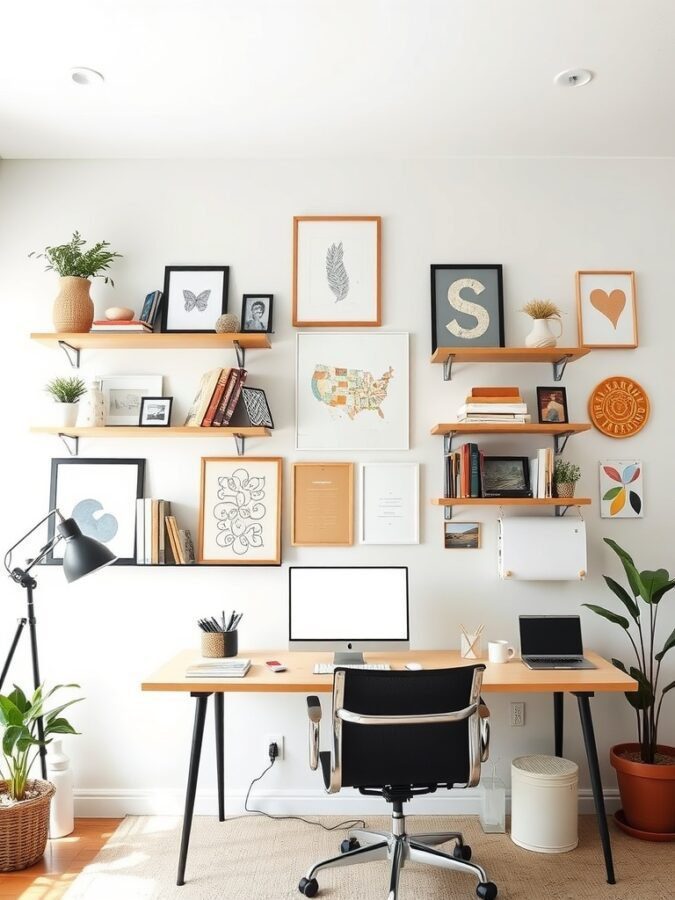 A modern home office featuring vertical shelves with art, books, and plants, alongside a clean desk setup.