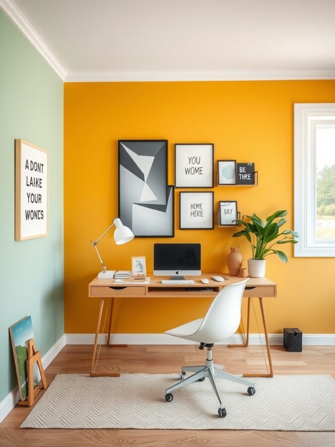A home office featuring a vibrant orange accent wall, a green side wall, modern desk, and decorative elements.