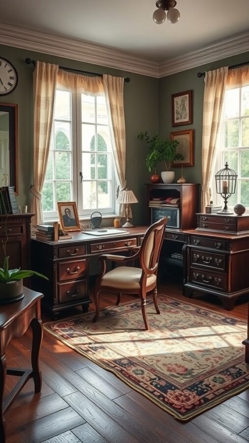 A vintage-inspired study with wooden furniture, a desk, a chair, and warm lighting.