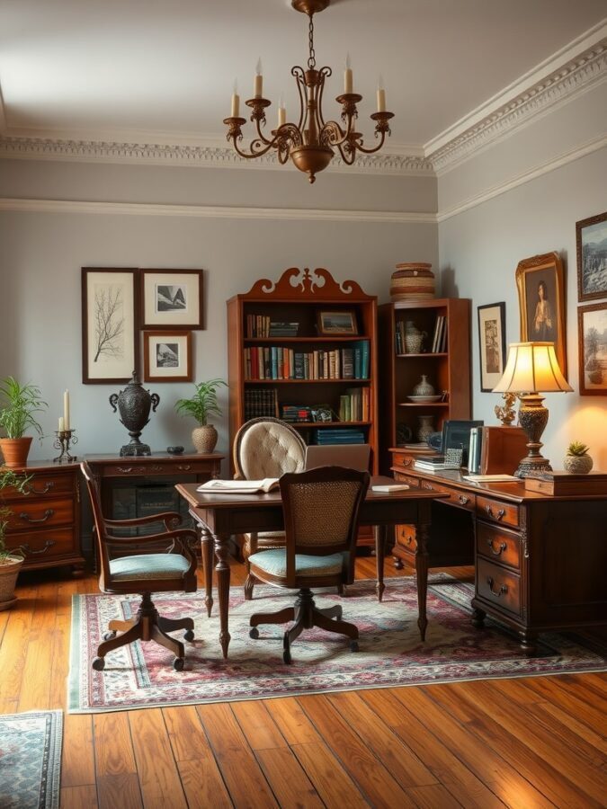 A vintage home office with wooden furniture, a chandelier, and decorative items.