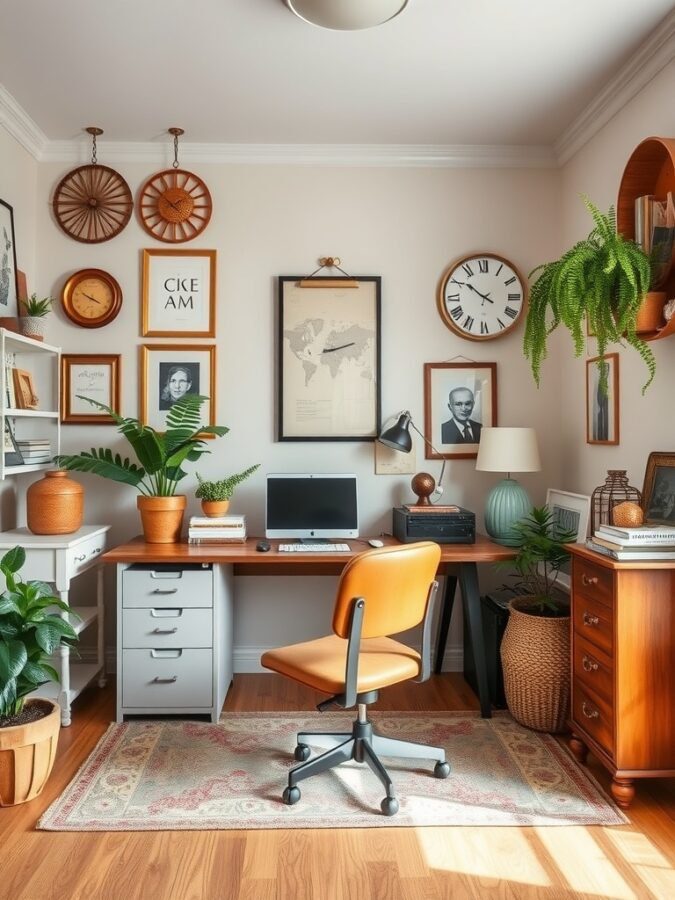 A vintage-inspired home office with wooden furniture, framed pictures, and plants.