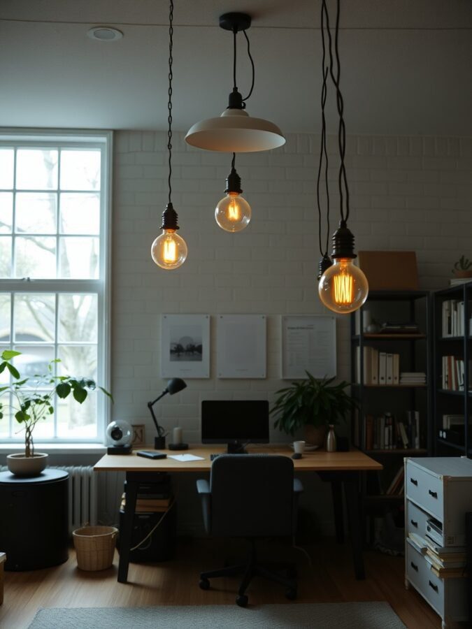 A home office featuring vintage factory lighting fixtures with three hanging bulbs, a desk, and plants.